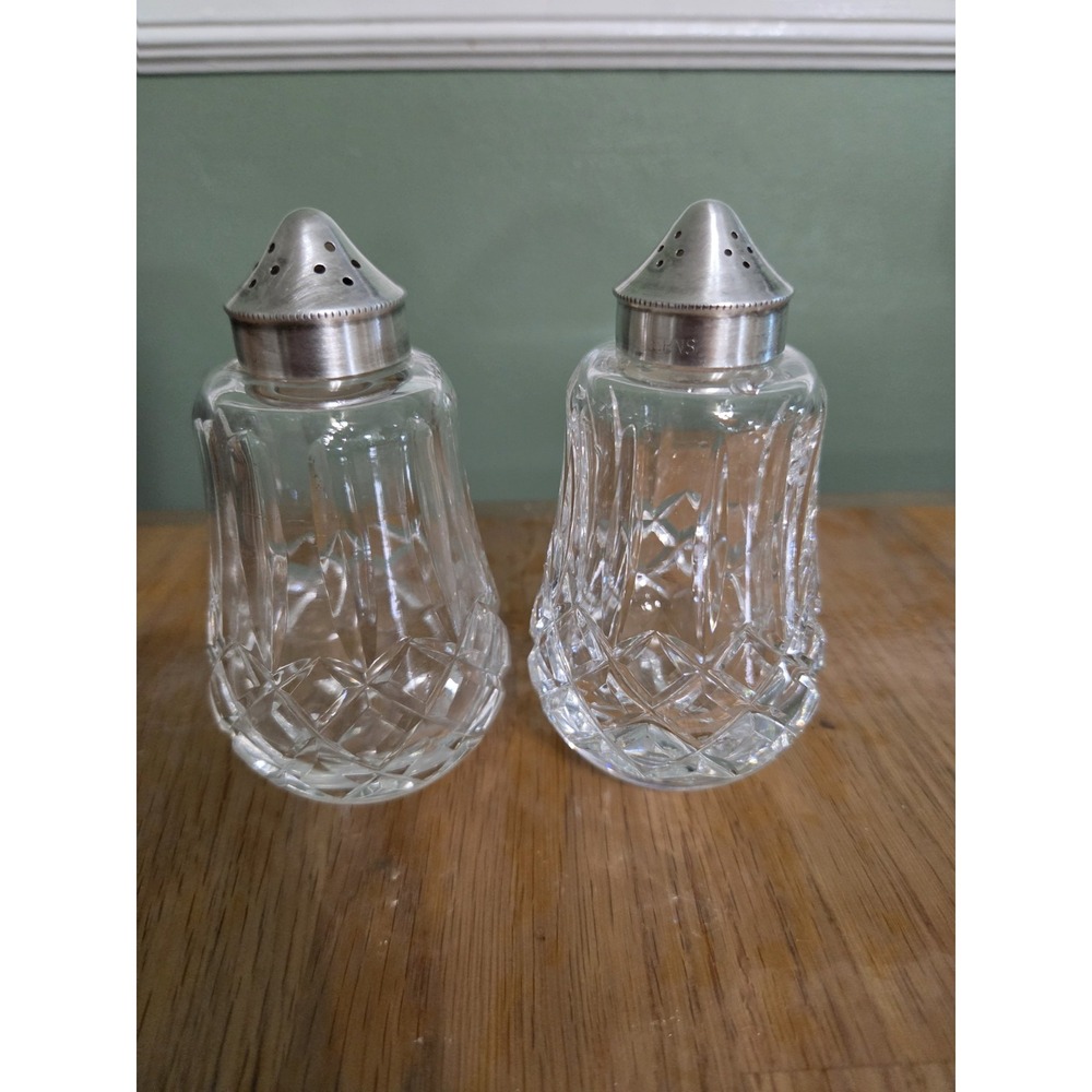 Vintage Waterford Cut Crystal Glandore Salt and Pepper Shaker Silver Lids Signed